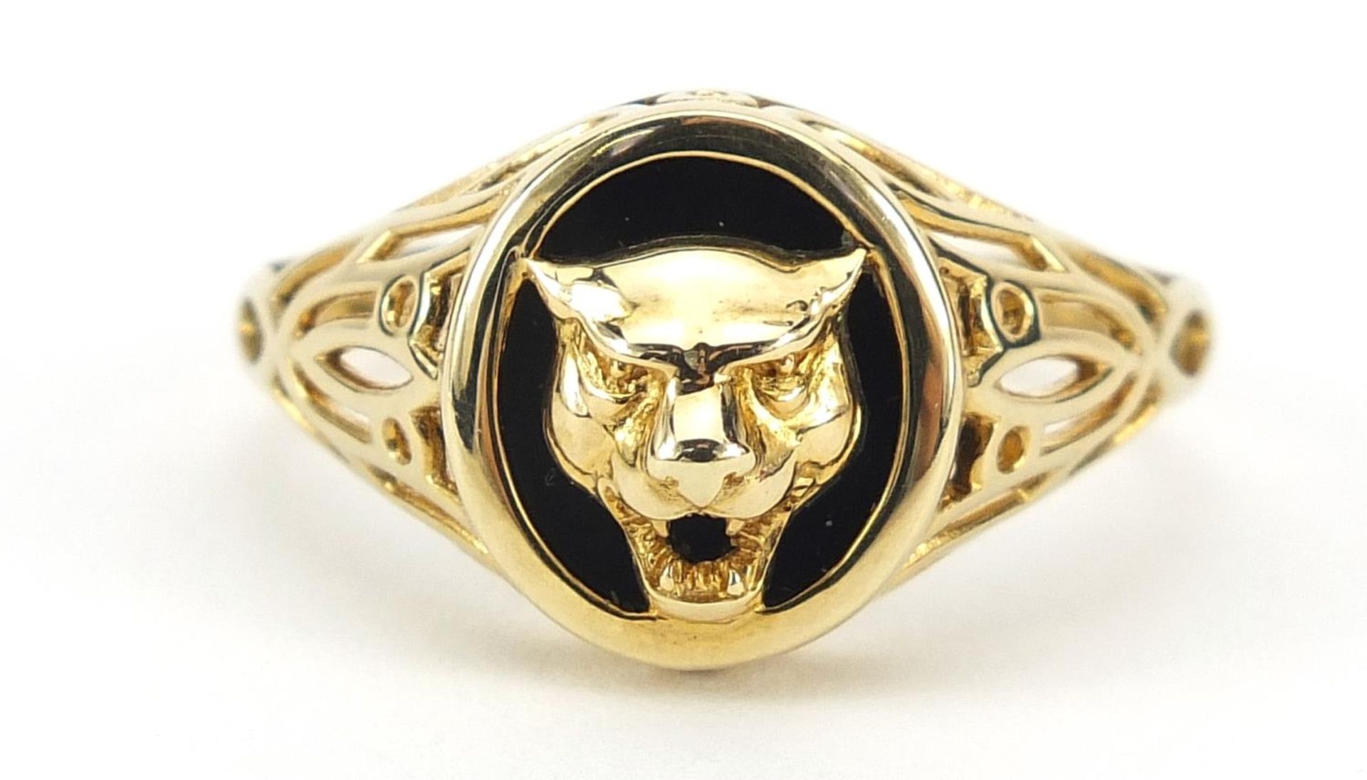9ct gold and black onyx Jaguar car mascot ring, size V, 4.3g