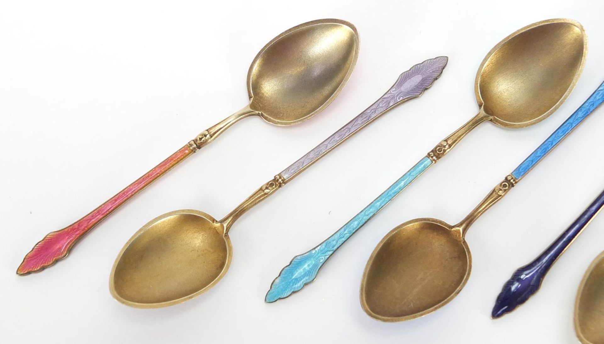 Set of six sterling silver and guilloche enamel teaspoons, 10cm in length, 68.4g - Image 3 of 6