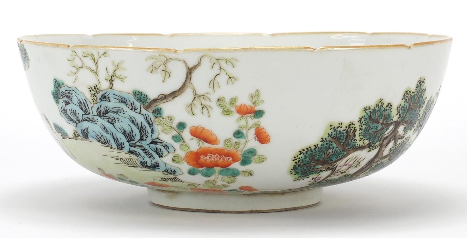 Chinese porcelain famille rose bowl with goats, red six figure character marks to the base, 22cm - Image 3 of 10