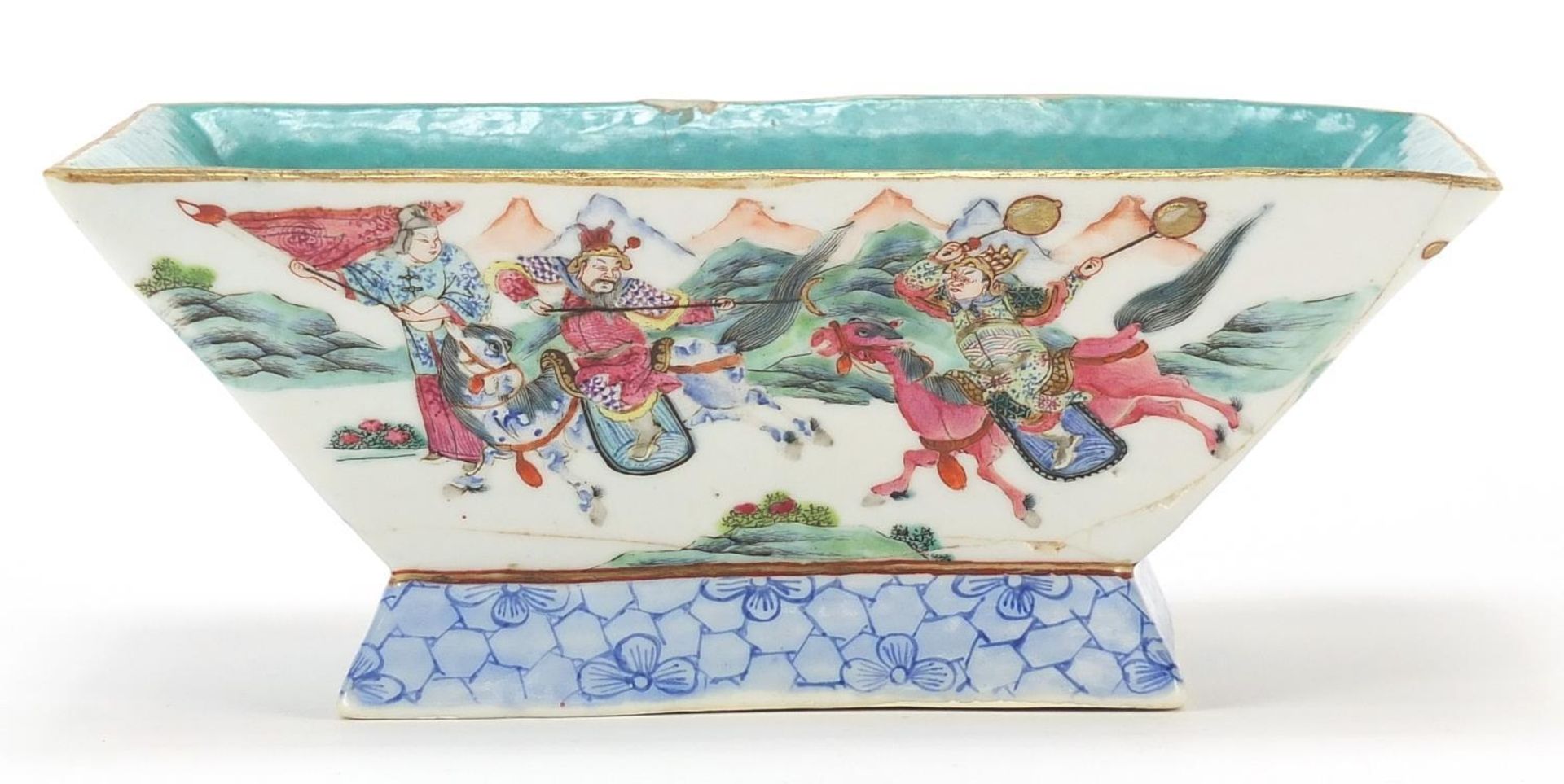 Chinese porcelain planter hand painted in the famille rose palette with warriors, red character mark - Image 2 of 10