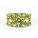 9ct gold peridot and diamond cluster ring, size N, 4.5g