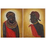 M Mwangi - Lady and gentleman in traditional dress, pair of Kenyan oil on canvasses laid onto board,