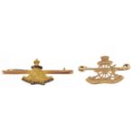 Two 9ct gold military interest Ubique brooches including one enamel, the largest 4.5cm wide, total