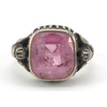 Silver pink tourmaline and diamond ring, 10.0g