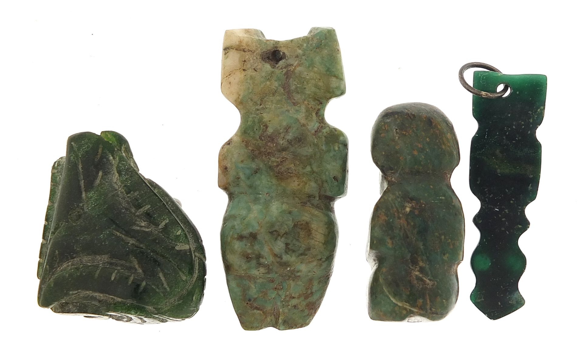 Four antique green stone carvings including a Hei-tiki style pendant, the largest 5.5cm high - Image 3 of 7