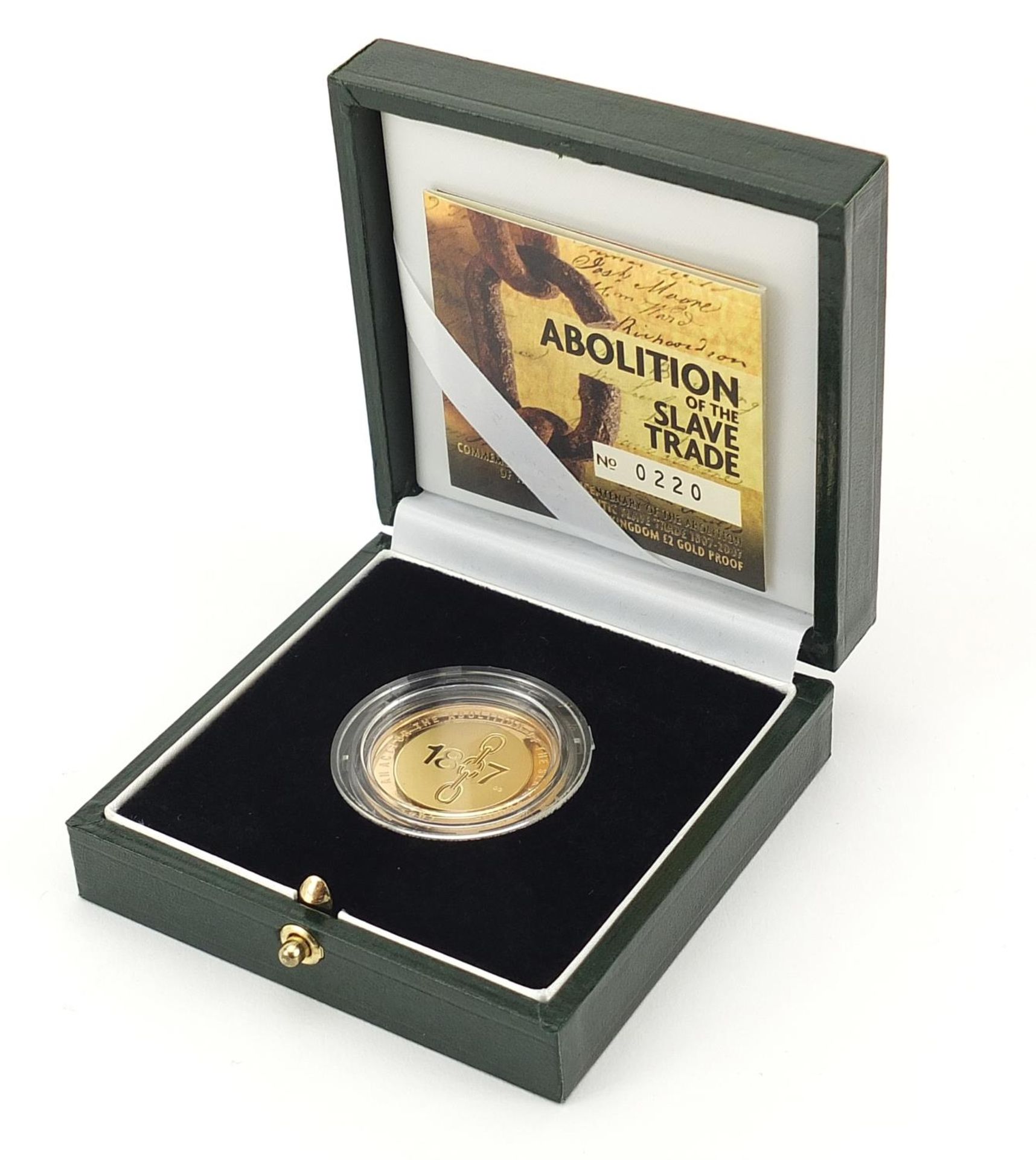 Elizabeth II 2007 gold two pound coin commemorating the abolition of the slave trade with box and