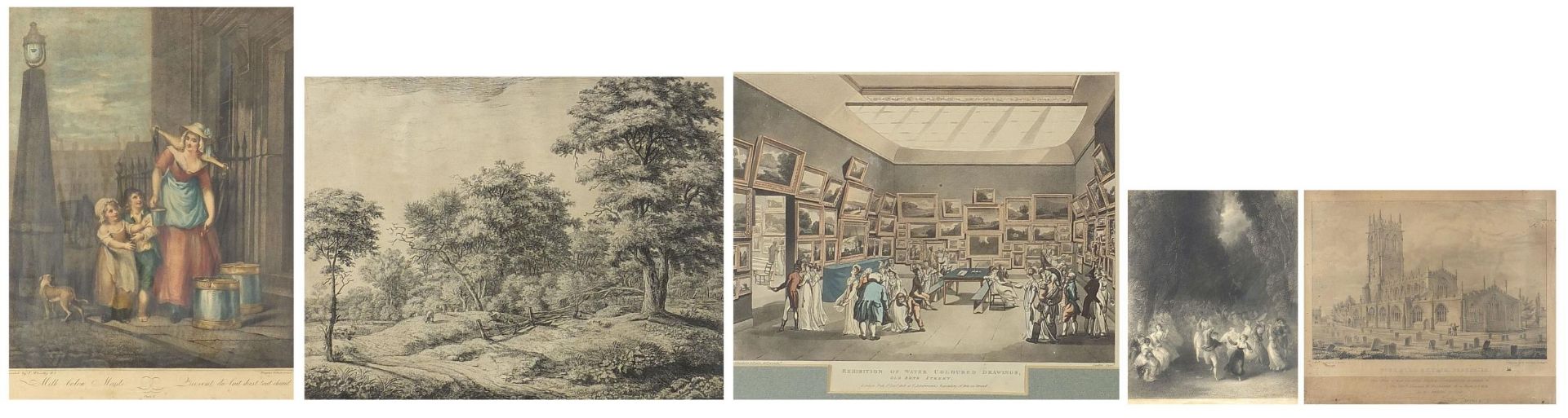 Five antique and later prints including Exhibition of Watercoloured Drawings, Old Bond street and