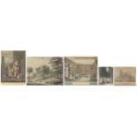 Five antique and later prints including Exhibition of Watercoloured Drawings, Old Bond street and