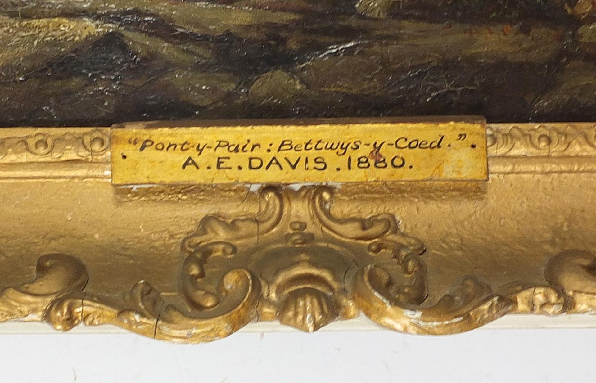 A E Davis - Pont Y Pair, Bettwys-Y-Coed, 19th century Welsh oil on canvas, applied plaque to the - Image 3 of 5
