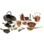 Metalware including copper kettle, preserve pan and coal scuttle, the largest 56cm in length