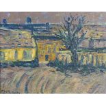 Farm buildings and trees, Post Impressionist oil on board, bearing an indistinct signature,