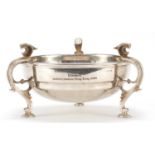Mappin & Webb, silver plated three footed bowl, with 'Ericson' Hong Kong inscription, 24.5cm wide