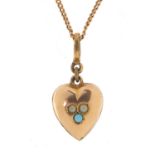 9ct gold turquoise and seed pearl love heart pendant on a 9ct gold necklace, 2.5cm high and 46cm
