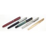 Five Vintage fountain pens including Parker and a West German example by Pelikan with gold nib
