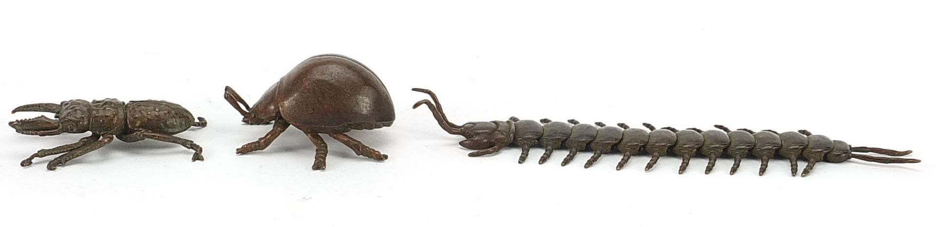Three Japanese patinated bronze insects comprising centipede with articulated body and two - Image 3 of 9