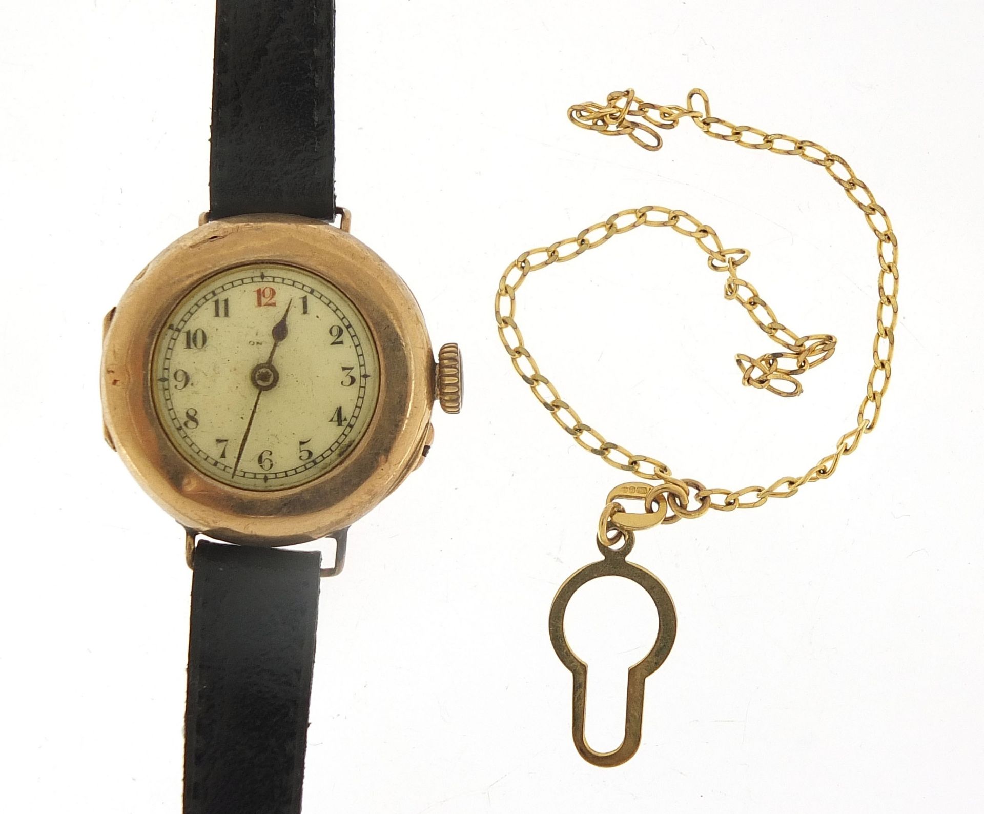 Ladies 9ct gold wristwatch and a 9ct gold clasp? with chain 1.2g, the watch 25mm in diameter