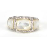 9ct gold mother of pearl and diamond ring, size P, 4.6g