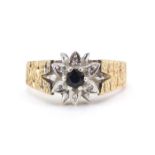 9ct gold sapphire and diamond flower head ring, size M/N, 3.4g