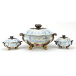 Victorian ceramic tureen and two sauce tureens decorated in blue and gilt, the largest 40cm wide