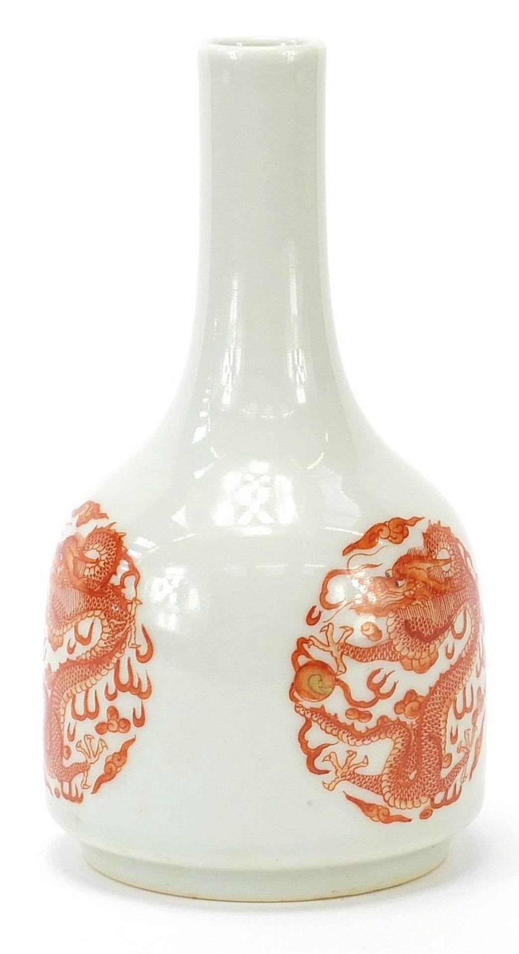 Chinese porcelain bottle vase hand painted in iron red with three dragons chasing a flaming pearl - Image 2 of 8