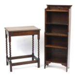 Oak barley twist occasional table and oak bookcase with three shelves, the largest 119cm high