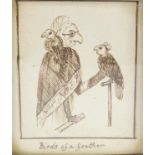 Birds of a Feather, 19th century pen and ink, mounted, framed and glazed, 7.5cm x 6.5cm excluding