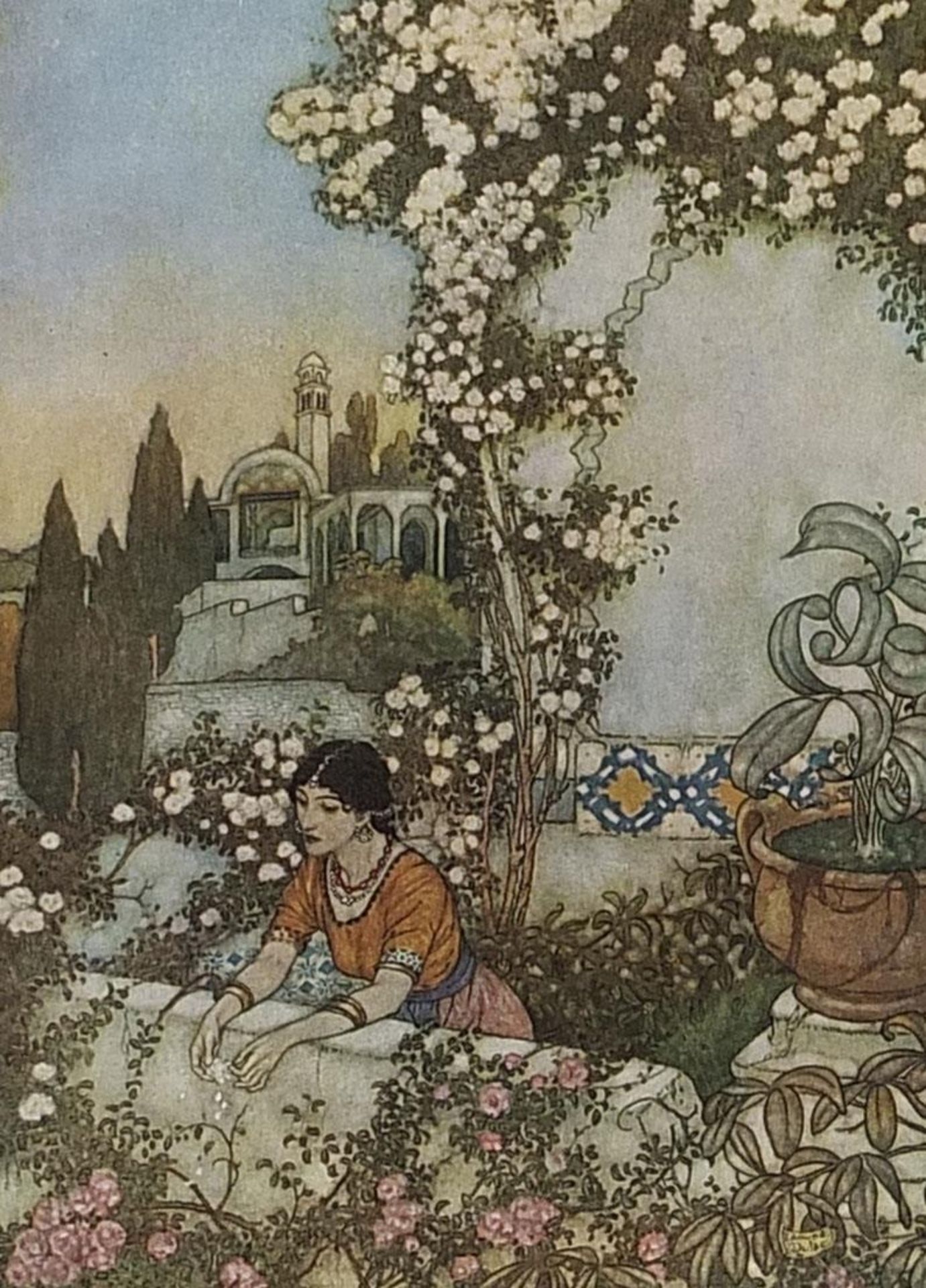After Edmund Dulac - Seven prints in colour including a mosque and females dancing, mounted, - Bild 6 aus 28