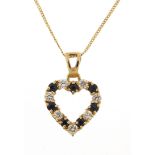 9ct gold clear stone and sapphire love heart pendant on a 9ct gold necklace, 2cm high and 44cm in
