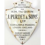 J Purdy & Sons Ltd Gun & Rifle Makers enamel advertising sign, 51cm x 39cm