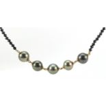 9ct gold black spinel and Tahitian cultured pearl necklace, 44cm in length, 16.6g