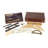 Victorian mahogany cased brass drawing set, 5cm H x 20.5cm W x 12cm D