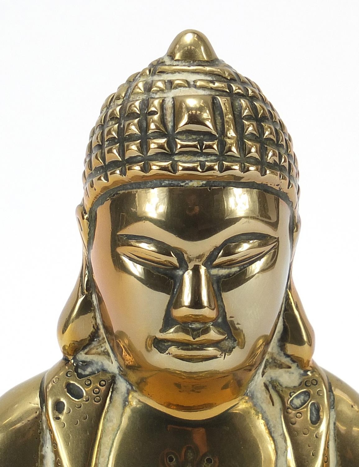 Chinese bronzed figure of Buddha raised on a carved hardwood lotus stand, 23.5cm high - Image 2 of 7