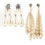 Two pairs of antique design 9ct gold simulated pearl earrings including a pair set with blue stones,