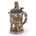 19th century Italian porcelain tankard with gilt white metal lid and figural handle, 21cm high