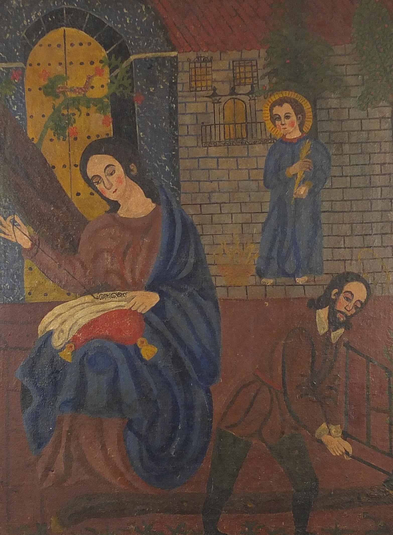 Two angels and a figure sewing before a church, Cusco school oil on canvas, mounted and framed, 84cm