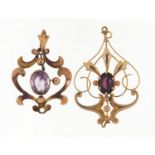 Art Nouveau 9ct gold amethyst pendant and an unmarked gold garnet pendant, the largest 3cm high,
