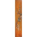 Chinese wood panel with hardstone inlay depicting a bird of paradise amongst flowers, 77cm x 15.5cm