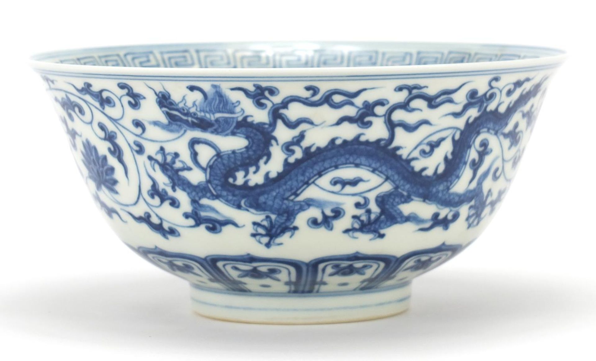 Chinese blue and white porcelain bowl hand painted with dragons, six figure character marks to the