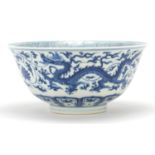 Chinese blue and white porcelain bowl hand painted with dragons, six figure character marks to the