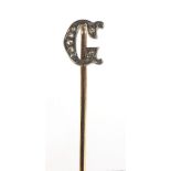 Unmarked gold and diamond initial G stick pin, 5cm in length, 1.1g