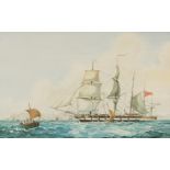 British frigate on water, maritime watercolour, mounted, framed and glazed, 60cm x 37.5cm