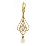 14ct gold diamond and pearl pendant, the diamond approximately 2.8mm in diameter, 4cm high, 1.5g