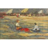 Figures on a beach before moored boats, oil on canvas, bearing a monogram AV, mounted and framed,