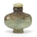 Chinese jade snuff bottle carved with a dragon and calligraphy, 6cm high