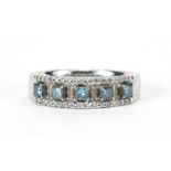 14ct white gold blue and white diamond half eternity ring, size M, 4.2g