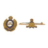 Two 9ct gold and enamel military interest brooches including Royal Engineers, the largest 4.5cm