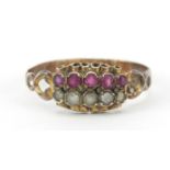 Antique 12ct gold pink stone and seed pearl ring with ornate setting, size O, 1.2g