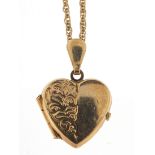 9ct gold love heart locket with engraved decoration on a 9ct gold necklace, 1.8cm high and 44cm in