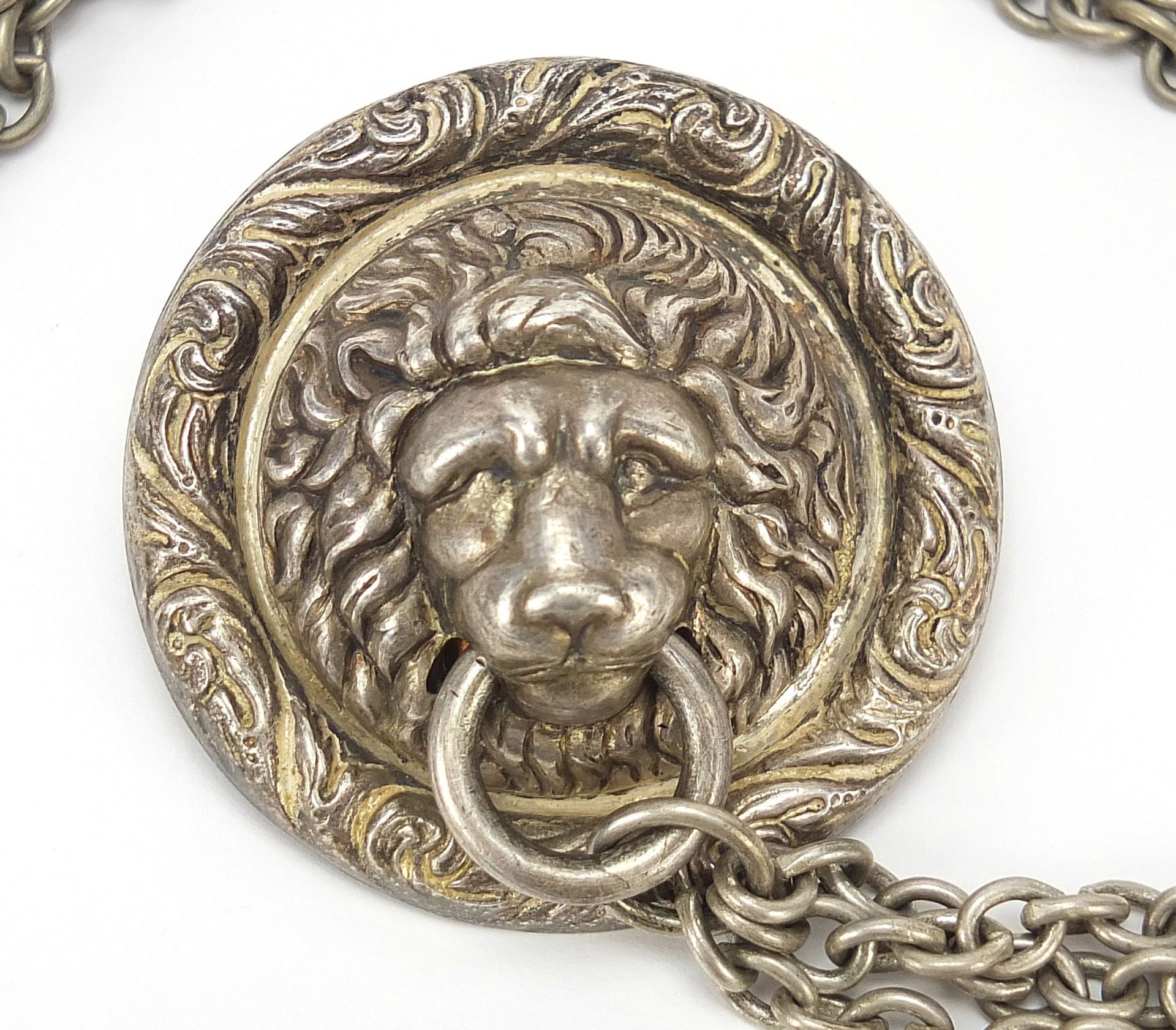 Military interest silver plated silver whistle on chain with lion mask anchor plate, overall 50cm in - Image 3 of 4