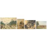 Hayricks, Highland landscape and cattle, four watercolours, three framed and glazed, one unframed,